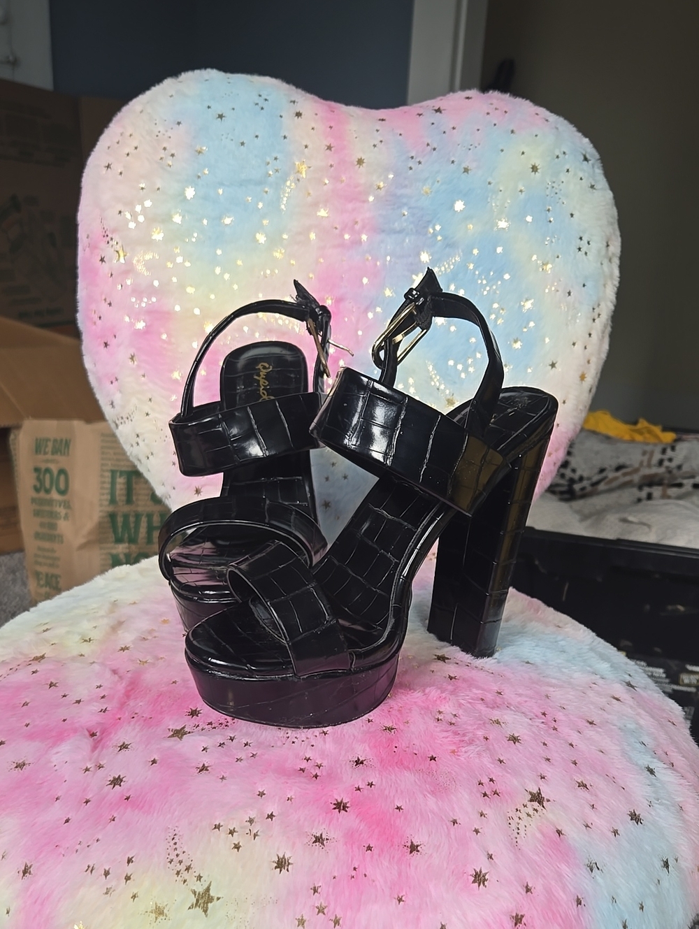 Qupid Black Croc-Embossed Platform Block Heels